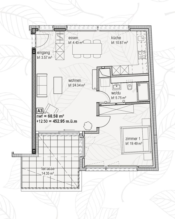 Grundriss 2.5 Zimmer-Whg | ATTIKA | Jardin Mett