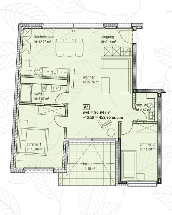 Grundriss 3.5 Zimmer-Whg | ATTIKA | Jardin Mett