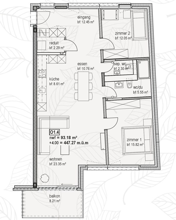 Grundriss 3.5 Zimmer-Whg OST | 1. - 3. OG | Jardin Mett